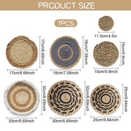 Dokeno Pack of 7 Boho Wall Baskets Rattan Wall Decor Flat Round Woven Wall Basket Decoration Water Hyacinth Corn Shell Handmade Macrame Hanging Woven Baskets for Living Room Bedroom Dining Room Office