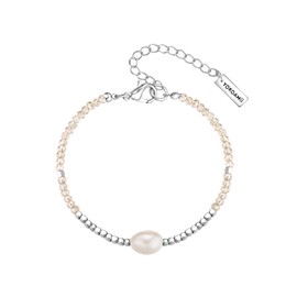Yokoamii Women's Bracelet Metal Alloy Silver Look with Baroque Freshwater Cultured Pearl Approx. 6.5-7.0 mm White Glass Pink, One size, Metal, No Gemstone