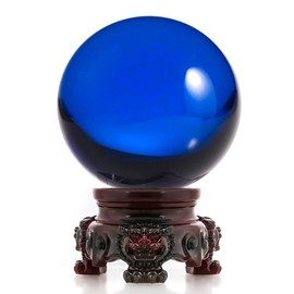 Amlong Crystal 3 inch (80mm) Blue Crystal Ball with Redwood Lion Resin Stand and Gift Box for Decorative Ball, Lensball Photography, Gazing Divination or Feng Shui, and Fortune Telling Ball