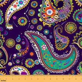 Feelyou Paisley Fabric by The Yard, Vintage Boho Paisley Floral Print Upholstery Fabric for Chairs, Circle Flower Exotic Colorful Decorative Waterproof, 1 Yard,