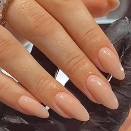 Press on Toenails Medium Almond - Solid Color Fake Toenails Nude Pink Fake Toe Nails Press Ons with Design Full Cover Stick on Nails Glossy Acrylic Toenails Kit for Women Manicure 24Pcs