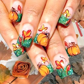 Fall Press on Nails for Women Square Fake Nails Medium Nail Press ons French Tip Glue on Nails Green Glitter with Yellow Pumpkin Leaf Designs Transparent Stick on Nails Autumn 24Pcs