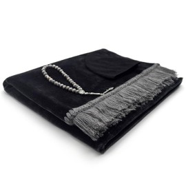 Kapobia Velvet Prayer Mat Set (Gemstone 33 Prayer Beads - Black Kufi Hat - Elegant Case) - Luxurious Velvet Texture Plain Prayer Rug for Home and Travel - Exquisite Islamic Gifts for Women and Men