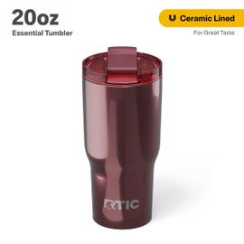 RTIC 20oz Essential Tumbler with Lid, Ceramic Lined, Insulated, Stainless Steel, Metal, Double Wall Vacuum-Insulation, Travel Cup for Iced Coffee, Tea, Hot and Cold Drink, Vintage Rose Metallic