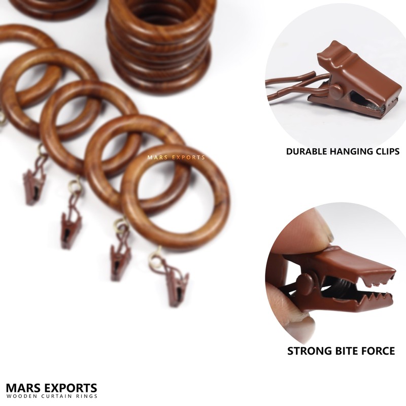 24 Wooden Curtain Rings with Clips – Fits 2.5 Inch