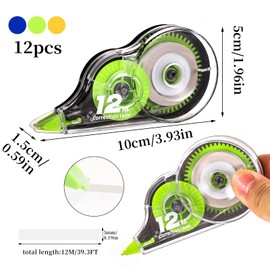12 Pieces Correction Roller Mouse, 5 mm x 12 m Correction Mouse, Correction Tape Set Mini with Protective Cap, Stationery for Students, Teachers, Office, Home