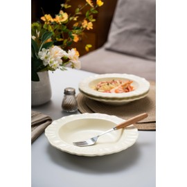 COIKZLY Ceramic Soup Bowls 8.6 in, Pasta Bowls & Plates, Cream color Floral-Embossed Wide Rim Shallow Bowls Set of 2, Italian Carving Design, Matte Finish Porcelain, Microwave & Dishwasher Safe 20oz