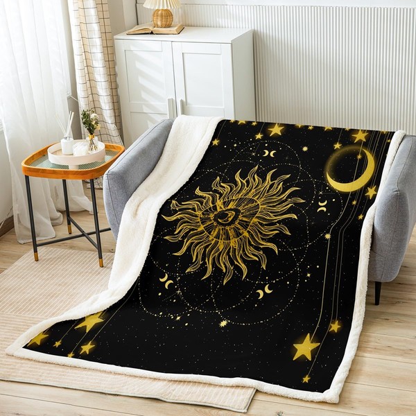 Sun Moon Fleece Throw Blanket Star Sherpa Blanket Decor Gold