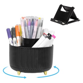 Marte Vanci Pen Holder for Desk, 360° Rotating Desk Organiser Pencil Pot, Makeup Brush Holder 5 Slots with Phone Stand, Desktop Stationery Supplies Storage Tidy Caddy for Office Home Black
