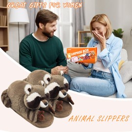 Openhahaha Cartoon Rocket Raccoon Slippers for Women, Fluffy Animal Cotton Indoor Slippers,Raccoon Gifts for Women