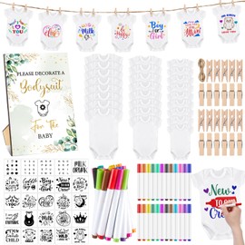 126 Pcs Baby Shower DIY Bodysuit Set Rustic Kraft Baby Shower Game Sign DIY Bibs 25 Blank White Newborn Bodysuit 25 Fabric Marker 24 Markers 1 Sign and Stencils for Gender Reveal(Greenery)