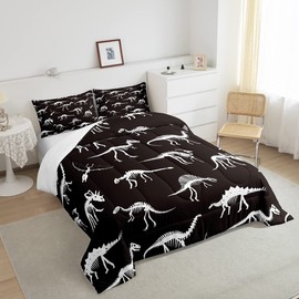 Homewish Dinosaur Skeleton Comforter Set Dinosaur Bones Bedding Set for Kids Girls Women Adults Ancient Animals Comforter Black and White Quilted Duvet Set Bedroom Collection Twin Size 2Pcs