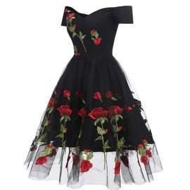 Women's Vintage Off Shoulder Rose Embroidered Flower 1950s Evening Prom Party Dress Retro Rockabilly Short Sleeves Tulle Lace Wedding Formal Gown Cocktail A Line Midi Swing Dress D-Black Large