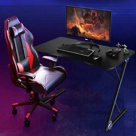 Tangkula Gaming Computer Desk, Z-Shaped Home Office Computer Table with LED Lights & Large Carbon Fiber Surface, Ergonomic Gamer Workstation, Writing Desk for Home Office