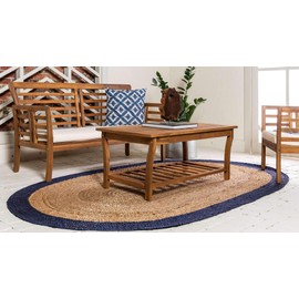 Unique Loom Braided Jute Collection Classic Quality Made Hand Woven with Solid Color Detail, Area Rug, Oval 3' 3" x 5' 0", Natural/Navy Blue