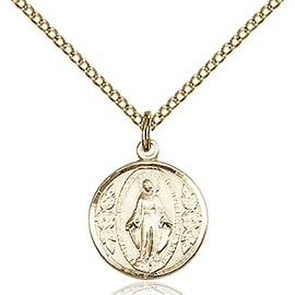 Gold Filled Miraculous Pendant 5/8 x 1/2 inches with Gold Filled Lite Curb Chain