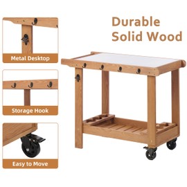 ESPIDOO Outdoor Wooden Garden Cart Table: Rustic Hemlock Frame & Stainless Steel Top - 2-Shelf Mobile Work Surface with Wheels & Hooks for Patio Backyard Gardening & Indoor Use