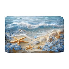 VPUPCN Nautical Coastal Bath Mat Beach Starfish Seashell Blue Flower Ocean Waves Marine Life Modern Microfiber Memory Foam Bathroom Rug Doormat Kitchen Toilet Floor Rug