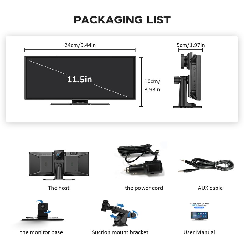 Largest 11.5" Portable Carplay Screen for Car, 4K Wireless Car