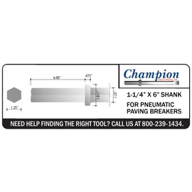 18" Long Moil or Bull Point Chisel - 1-1/4" by 6" Hex Shank by Champion Chisel - Made in the USA, Designed for 60lb & 90lb Pneumatic Hammers
