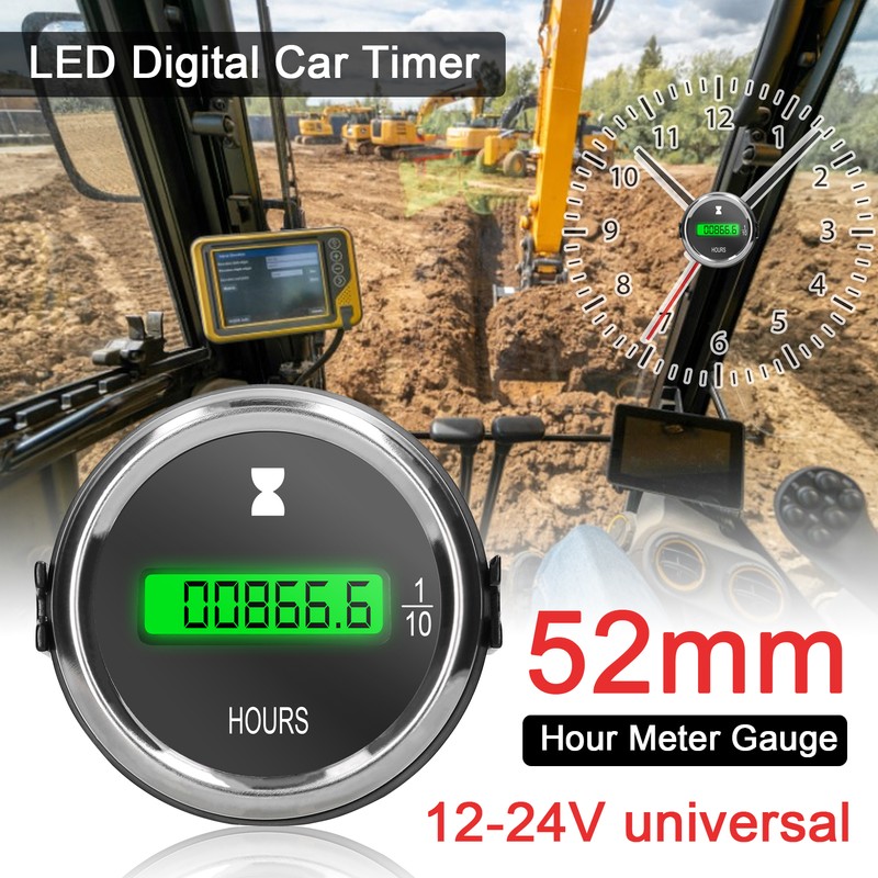 52mm Hour Meter Gauge LED Digital Car Timer 12/24V for