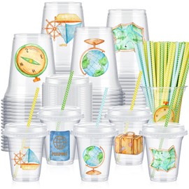 FoldTier 60 Pcs Watercolor Bon Voyage Party Travel-themed Plastic Cups with Lids and Paper Straws 14 oz Disposable Cups for Bon Voyage Favor Supplies Travel Birthday Party Decorations