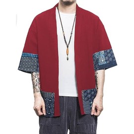 perdontoo Men's Cotton Kimono Jackets Loose Open Front Casual Cardigan (Red, M)