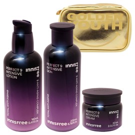 Innisfree Perfect 9 Intensive 3-piece set (skin + lotion + cream) + GOLDEN YOUTH pouch (gold) / 이니스프리 퍼펙트 9 인텐시브 3종구성(스킨+로션+크림)+GOLDEN YOUTH 파우치(골드) 증정