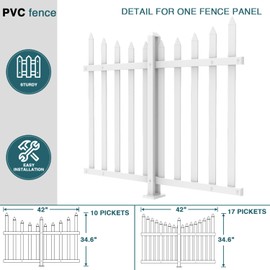 ECOOPTS 1 Set 34.6" Hx84 W Vinyl Picket Fence Panels White Decorative Fence for Porch Yard Garden Patio Walkways Pool (20 Pickets, Scalloped)