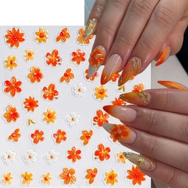 4sheets 5D Embossed Flower Nail Art Stickers Self Adhesive Fall Yellow Flowers Nail Stickers Autumn Orange White Daisy Nail Decals Orange Petal Daisies Nails Supplies for Women Manicure Accessories
