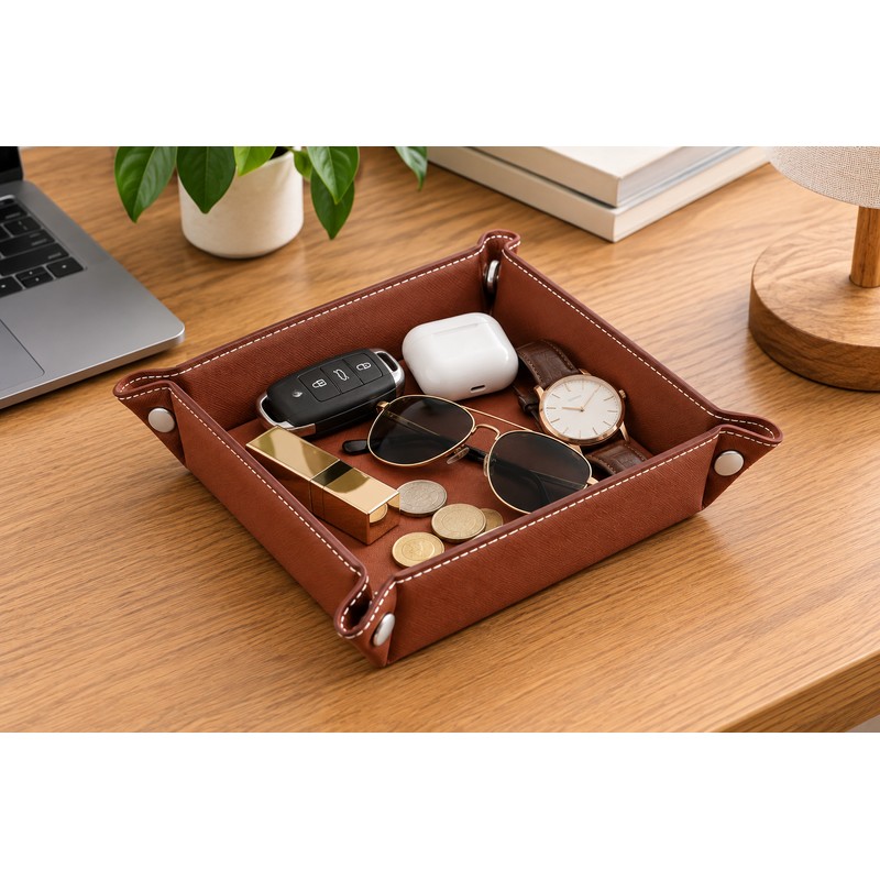 Folding PU Leather Valet Tray for Daily Essentials – Collapsible