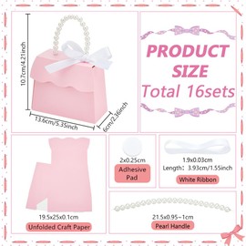 BENECREAT 16 Sets Pink Wedding Favors Box DIY Set, Kraft Paper Box with Pearl Handle, Ribbons, Stickers, Gift Boxes for Birthday, Party Favor, Boutique, Wedding and Anniversary