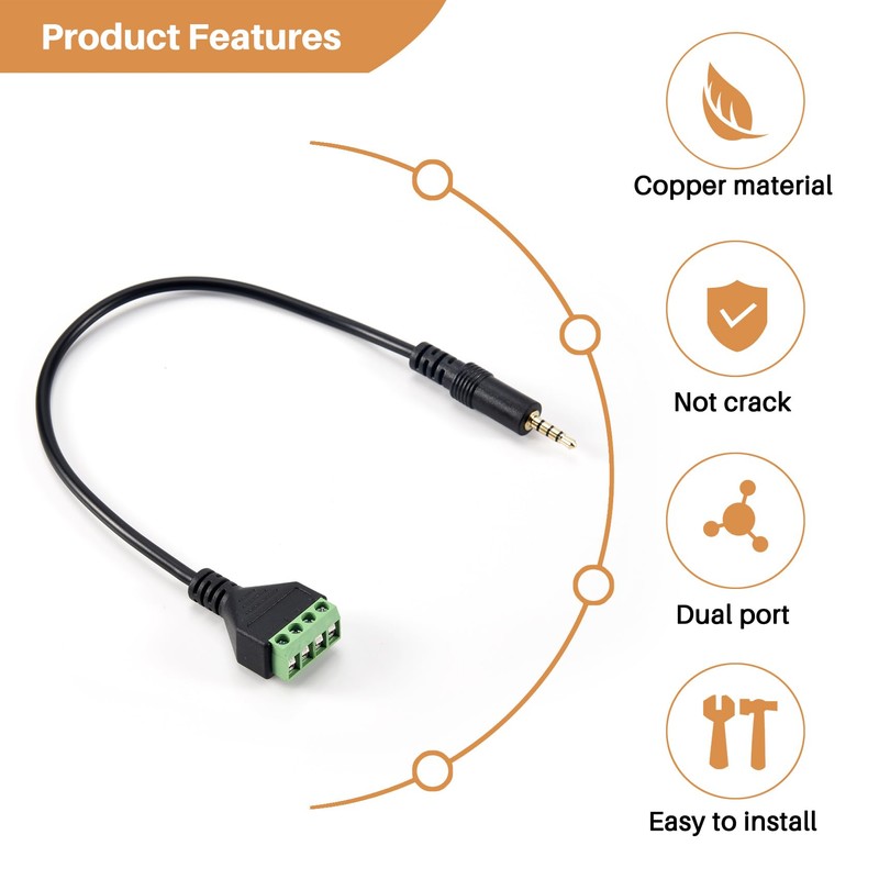 QuirkyLiving 3.5mm Screw Terminal Adapter Speaker Cable 4-Core Stereo TRRS
