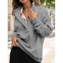 Fisoew Womens Oversized Sweatshirt Casual Snap Stand Collar Long Sleeve Pullover Tops Fall Travel Outfits Grey