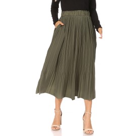 Pleated Green Skirt for Women with Pockets, Business Casual - Elastic High Waisted (3X-Large, Green)