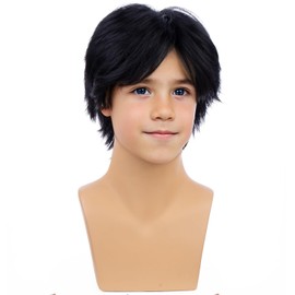 PATTNIUM Short Black Wig for Kids Boys Straight Black Wig Heat Resistant Synthetic Wig with Wig Cap