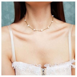 Yheakne Boho Pearl Choker Necklace Floating Pearl Station Necklace Gold Tiny Pearl Beaded Necklace Chain Bridal Necklace Jewelry for Women and Girls Gifts