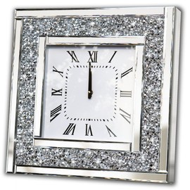 DMDFIRST Silver Square Mirror Clock 20x20inches Crystal Sparkle Twinkle Bling Crushed Diamond Mirrored Large Wall Clock for Wall Decoration Silver Glass Mirror Home Décor. AA Battery is not Included.