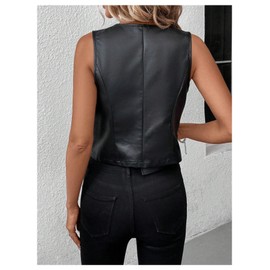 SweatyRocks Women's PU Leather Button Down V Neck Sleeveless Jacket Vest Waistcoat Black X-Large