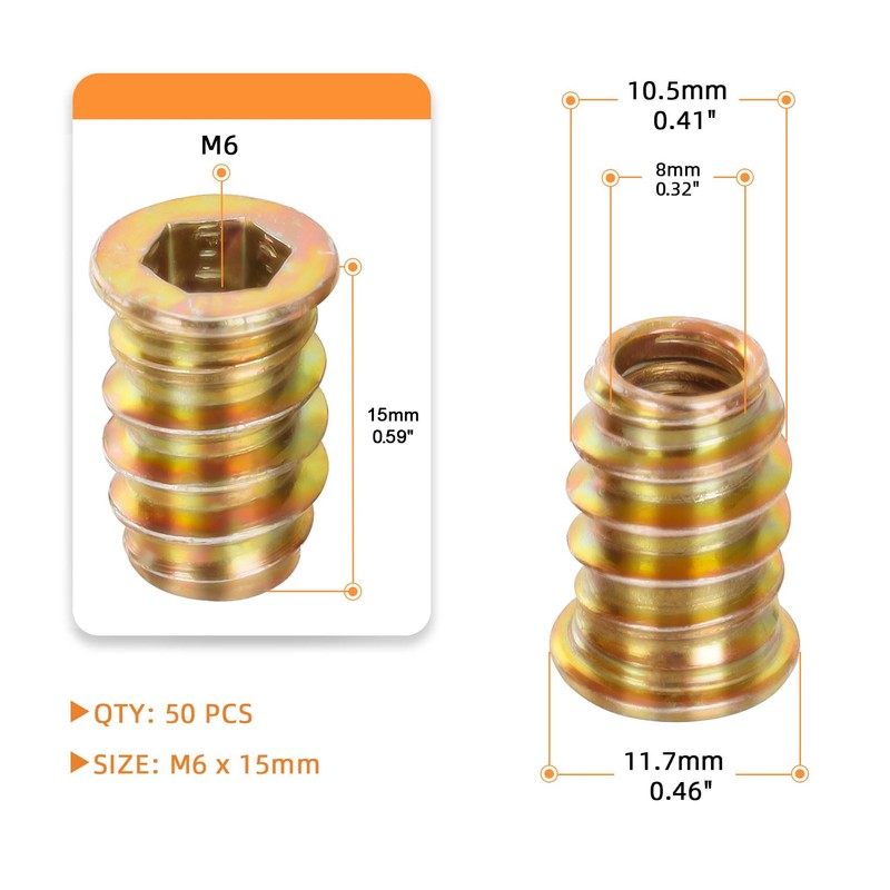 M6-1.0 x 15mm Threaded Insert for Wood Furniture Screw in