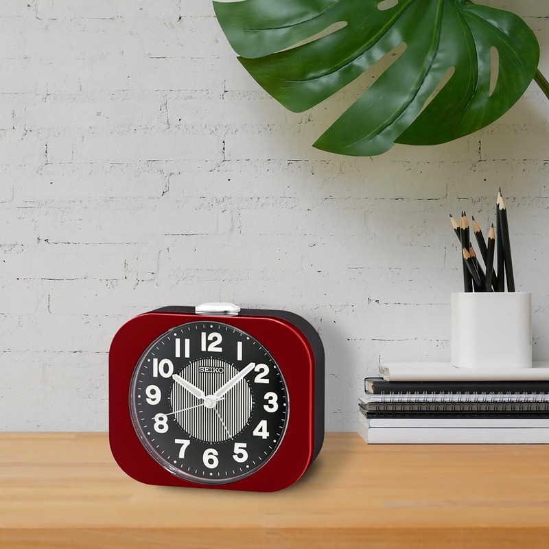 Seiko QHE206RLH Non Ticking Bedroom Alarm Clock, Metallic Red, 3.9