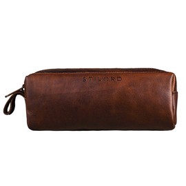 STILORD 'Linus' Pencil Case Leather Pen Case Pouch Office University College Women Men Stationary Vintage Leather, Colour:Cognac Dark Brown