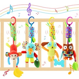 Evance Pram Toy, 4 Pieces Hanging Rattle Toy, Baby Hanging Toy, Newborn Car Seat Toy for 0, 3, 6, 9, 12 Months Baby, Car Seats, Cots and Prams Suitable