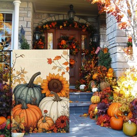 Fall Pumpkin Garden Flag for Outside 12x18 Inch Double Sided Burlap Autumn Thanksgiving Maple Leaf Sunflower Flowers Farmhouse Holiday Rustic Outdoor Yard Flag Home Decorations