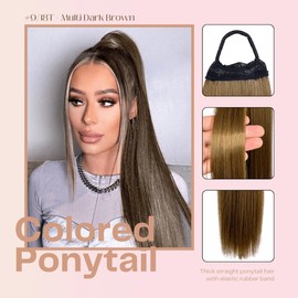 VAVANGA 28inch Long Ponytail Extension with Hair Tie, Multi Dark Brown Yaki Straight Ponytail Braiding Hair Ponytail Natural Fake Pony Tails Hairpiece for Women (#9/18T)