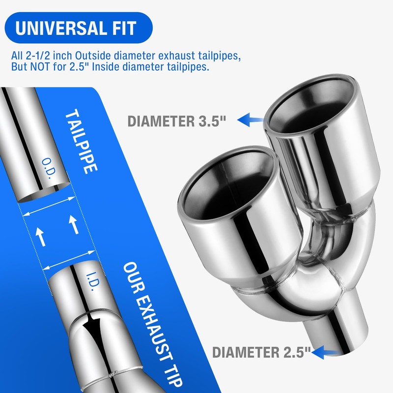 Dual Exhaust Tip,2.5" Inlet 3.5" Outlet 9.5" Length Punta De