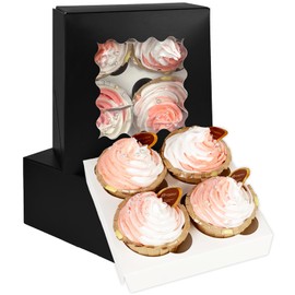Bakepacker Auto-pop up 4 Cupcake Boxes with Window 20 Count Black Box 6.3 x 6.3 x 3inch Cupcake Carrier
