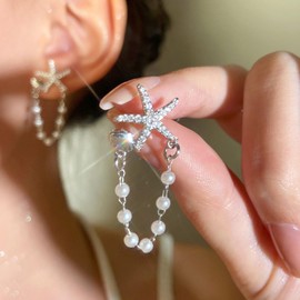 Wendalern Boho Long Tassel Pearl Drop Earrings Starfish Shell Stud Earrings Imitation Pearl Hoop Earrings Beach Pave CZ Starfish Shell Statement Earrings Ocean Jewellery for Women, Zinc