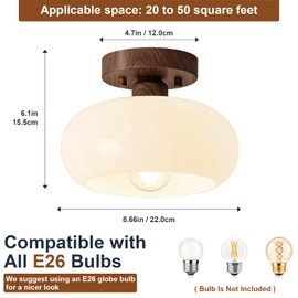 WOKNOS Mid-Century Modern Semi Flush Mount Ceiling Light, Faux Walnut Wood Kitchen Light Fixtures with Glass Shade, Mini White Close to Ceiling Lamp for Entryway Hallway Bathroom (8.66 Inch)
