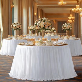 60 Inch White Round Tulle Table Skirt Tablecloth Stretch Fitted Party Table Cover Wedding Round Tablecloth Ruffle Tutu Table Skirt Wrinkle Resistant Table Cloth for Birthday Baby Shower Banquet Events